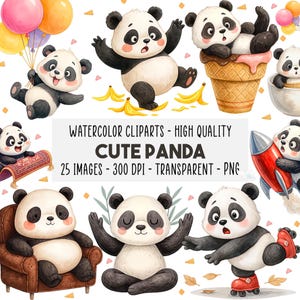 May include: Watercolor clipart featuring adorable panda bears in various poses. One panda holds balloons, another sits in a chair, and others are shown with bananas, ice cream, and a rocket. The text reads "CUTE PANDA".