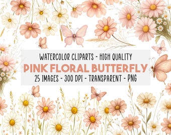 25 Bloemen Vlinder Waterverf Clipart PNG Set, Waterverf Roze Vlinder Clipart, Vlinders Clipart, Vlinder Bloem, Direct Download