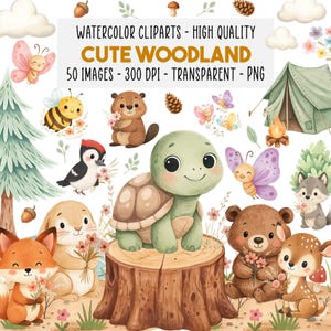 50 Cliparts PNG de Animais Fofos da Floresta em Aquarela, Boho Animais Bebês, Arte para Quarto Infantil, Uso Comercial, Download Instantâneo