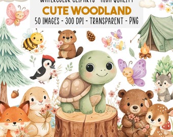 50 Watercolor Woodland Animal Clipart, Transparent Forest Creature PNG Bundle