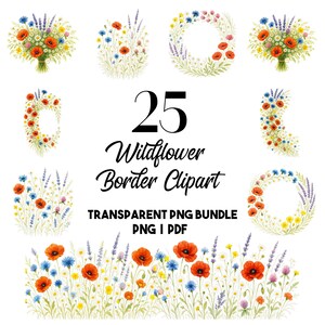 25 Cliparts Couronnes et Bordures de Fleurs Sauvages Vibrantes PNG PDF Cadres Floraux Aquarelle Peints à la Main pour Invitations de Mariage