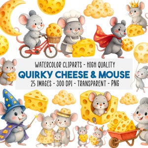 May include: Watercolor clip art featuring whimsical illustrations of mice and cheese. The image includes various mice characters, cheese blocks, and decorative elements. Text on the image reads "QUIRKY CHEESE & MOUSE" and "WATERCOLOR CLIPARTS - HIGH QUALITY".