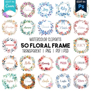 50 Paquete de Cliparts con Marcos Florales en Acuarela Plantillas de Nombre con Monograma Editables (PNG-PDF-PSD) Descarga Instantánea