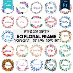 Könnte beinhalten: Eine Sammlung von 50 Aquarell-Blumenrahmen-Cliparts, jedes mit einem einzigartigen Design und Namen. Die Rahmen sind in verschiedenen Farben, darunter Rosa, Blau, Lila und Orange. Der Text "WATERCOLOR CLIPARTS" und "50 FLORAL FRAME" ist ebenfalls sichtbar.