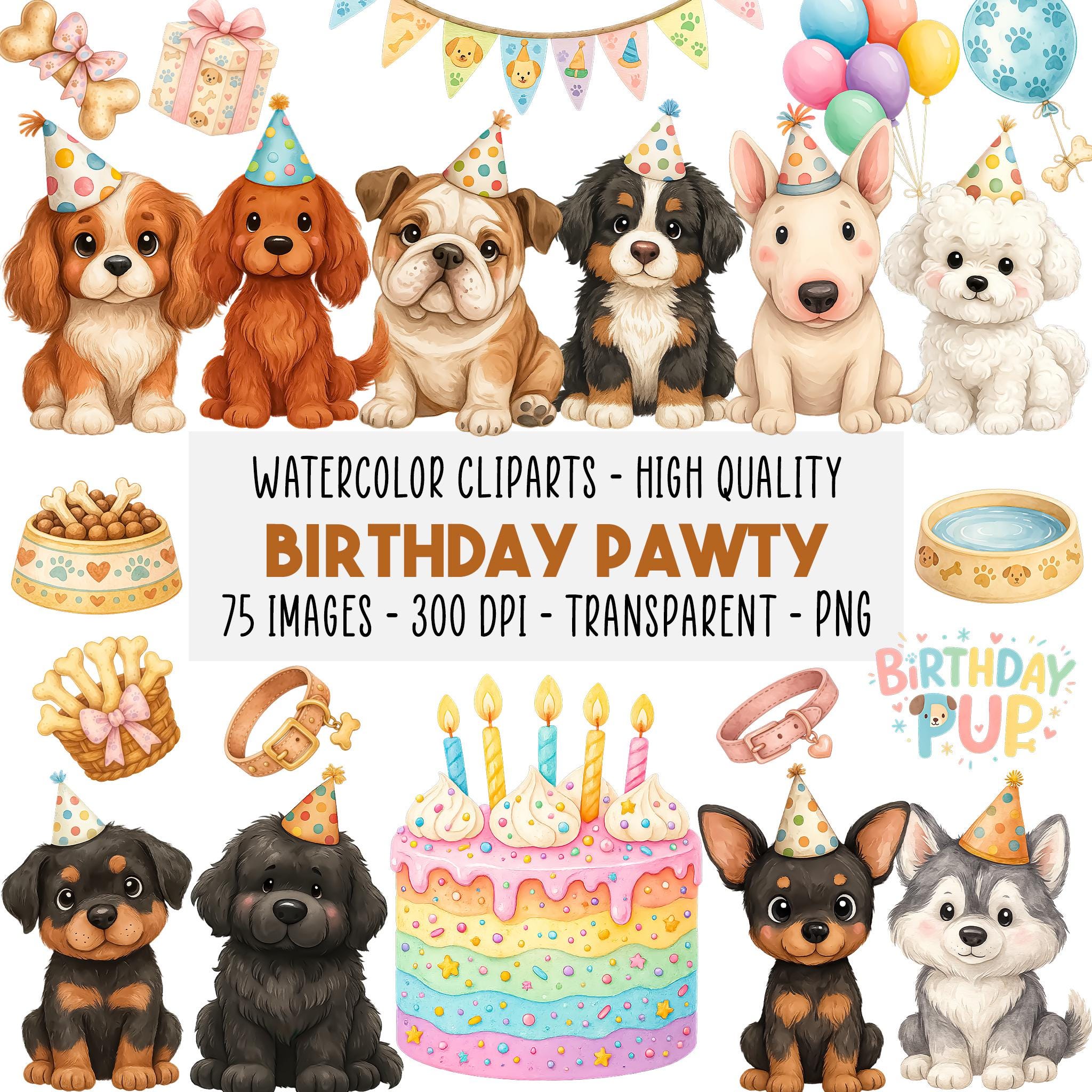 75 Cute Dog Breeds Clipart Bundle, Watercolor Puppy Birthday Party PNG ...