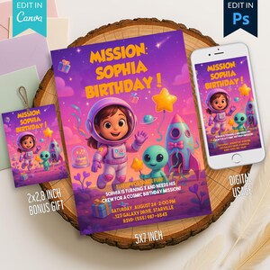Modello Modificabile di Invito di Compleanno Spaziale, Invito Astronauta per Telefono per Ragazze, Invito Digitale per Festa a Tema Galassia