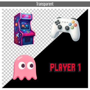 May include: An illustration featuring a pink arcade game, a white game controller, and a pink ghost-like character. The arcade game is pink and blue with a rocket ship graphic. The text "PLAYER 1" is in red.