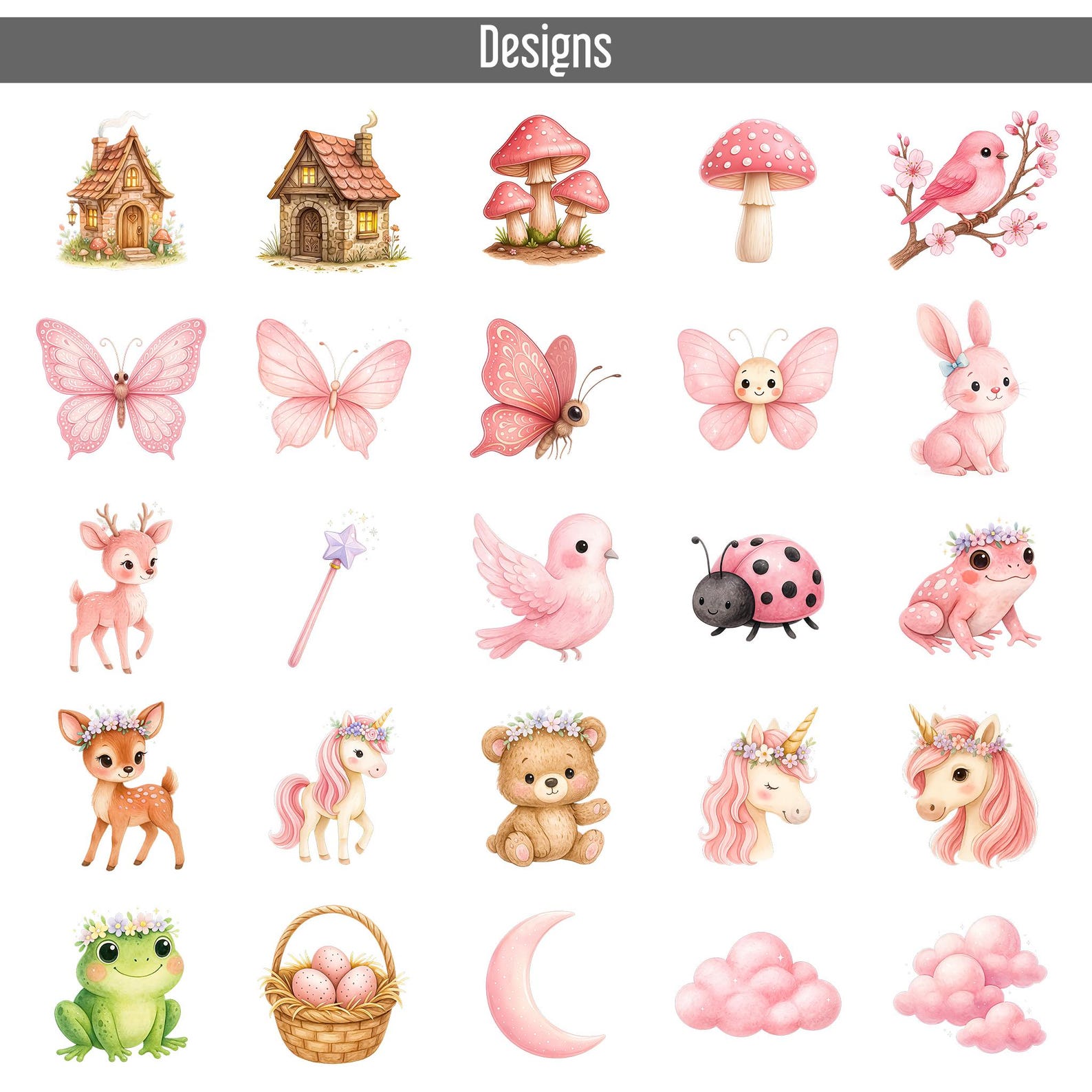75 Watercolor Fairy Garden Clipart Bundle PNG, Pink Fairies, Magical ...