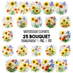 25 PNG Bouquets de Fleurs Sauvages - Tournesols, Lavande, Coquelicots Aquarelle - Illustrations Florales Haute Résolution