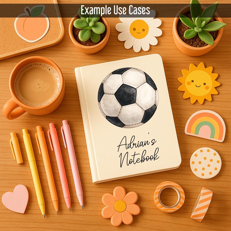 May include: A cream-coloured notebook featuring a soccer ball illustration and the text "Adrian's Notebook". The image also shows stationery items, including pens, stickers, and decorative tape in shades of orange, yellow, and pink, and small potted plants.