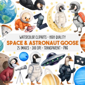 Könnte beinhalten: Aquarellillustrationen von Weltraum-Themen-Gänsen und -Enten in Astronautenanzügen, Helmen und Weltraumzubehör. Das Bild enthält Planeten, einen Halbmond, ein Teleskop und ein UFO. Der Text lautet "SPACE & ASTRONAUT GOOSE".