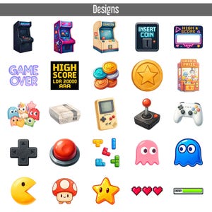 May include: A selection of colourful, illustrated designs featuring retro arcade game elements. Includes arcade machines, game controllers, coins, and pixelated characters. The word "Designs" is at the top.