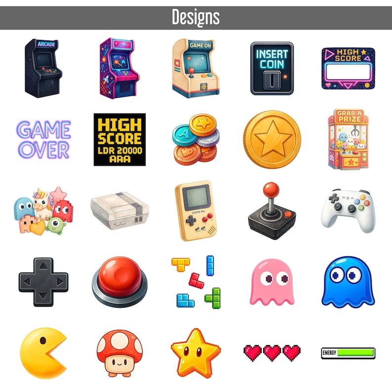 May include: A selection of colourful, illustrated designs featuring retro arcade game elements. Includes arcade machines, game controllers, coins, and pixelated characters. The word "Designs" is at the top.