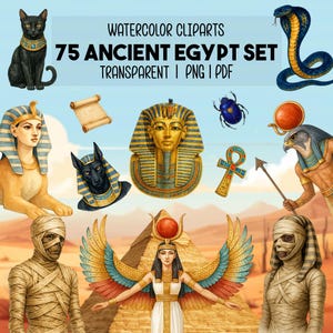 75 Watercolor Ancient Egypt Clipart Bundle, Pharaohs, Gods, Pyramids, PNG & PDF, Instant Download, Commercial Use, Cleopatra, Eye of Horus