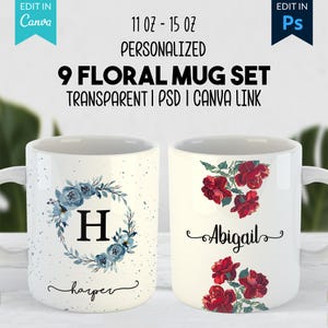 Personalized Floral Mug Wraps – 9 Sublimation Designs | 11oz & 15oz Mug Templates | Digital Download (PSD) | High-Resolution Print