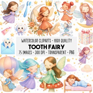 75 Clipart Hada de los Dientes Acuarela, Set PNG Dental Pastel