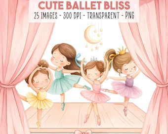 25 Cute Ballet Clipart Bundle PNG, Whimsical Ballerina Girls, Pastel Tutu Dancers, Tutu, Birthday & Nursery Printable Art, Instant Download