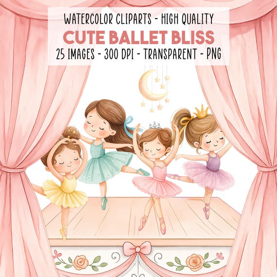 25 Cute Ballet Clipart Bundle PNG, Whimsical Ballerina Girls, Pastel Tutu Dancers, Tutu, Birthday & Nursery Printable Art, Instant Download