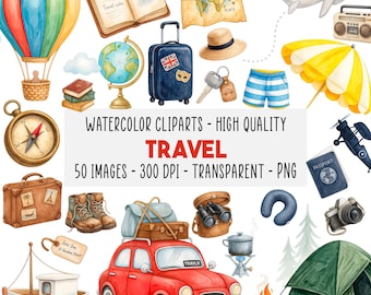 50 Clipart Acuarela de Viaje PNG, Maleta Vintage, Avión, Aventura, Vacaciones, Estética Wanderlust, Uso Comercial, Descarga Instantánea