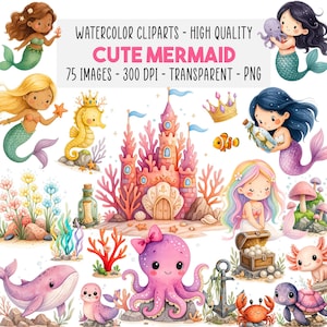 Pode incluir: Conjunto de clip art em aquarela com sereias fofas, um castelo rosa e várias criaturas marinhas. A imagem inclui o texto "WATERCOLOR CLIPARTS - HIGH QUALITY CUTE MERMAID 75 IMAGES - 300 DPI - TRANSPARENT - PNG".