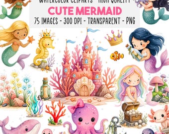 75 Sirena Clipart Bundle PNG, Sirena Acuarela, Vida Marina Clipart, Animales Océano, Conchas, Descarga Instantánea, Uso Comercial