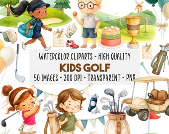 50 Kids Golf Clipart Set, Cute Boys Girls Golfers, Watercolor Sports Art PNG, Golf Cart Clubs Balls Birthday Party, Instant Download