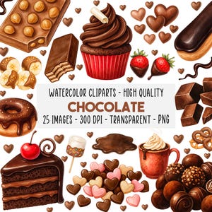 Puede incluir: Ilustración en acuarela de varios elementos de chocolate, incluyendo una magdalena, pastel, fresas cubiertas de chocolate y corazones de chocolate. La imagen incluye el texto "CHOCOLATE".