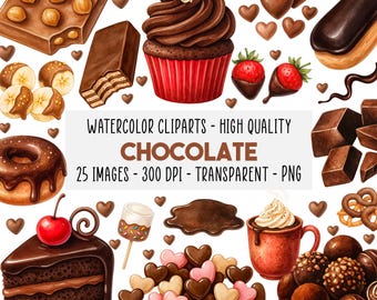 25 Chocolate Dessert Clipart PNG Set, Watercolor Sweets and Treats, Candy Cookies Cakes Pastries, Baking Illustrations, Instant Download