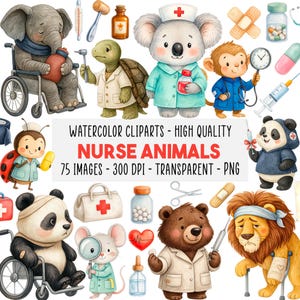 Op de afbeelding: Waterverf clipart set met verschillende dieren verkleed als verpleegkundigen en patiënten. Bevat een olifant in een rolstoel, een koala met een medicijnfles en een panda met een spuit. Tekst: "NURSE ANIMALS".