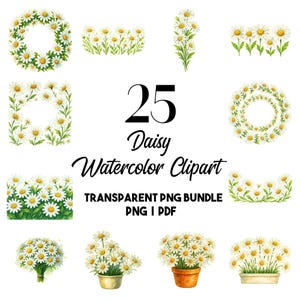 25 Cliparts PNG de Bordas de Margaridas em Aquarela – 25 Flores de Camomila Pintadas à Mão, Casamento, Planejador, Scrapbook, Cartões