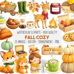 Könnte beinhalten: Aquarell-Cliparts mit einem gemütlichen Herbstthema. Enthält Kürbisse, ein Reh mit Schal, einen Fuchs, ein Eichhörnchen, ein Mädchen mit einer Tasse und den Text "FALL COZY". Weitere Elemente sind eine Kerze, Kekse und ein Holzschild.