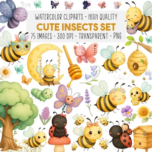 Cute Bee Clipart Bundle, Garden Bugs & Flowers PNG, Spring Watercolor Insects, Baby Ladybug, Caterpillar, Beehive Clip Art, Butterfly