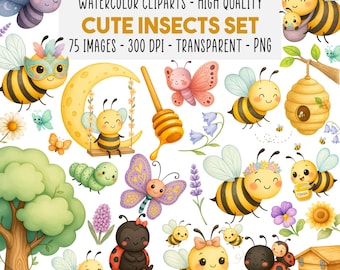 Schattige Bij Clipart Bundel, Tuin Insecten & Bloemen PNG, Lente Aquarel Insecten Baby Lieveheersbeestje Rups Bijenkorf Clipart Vlinder