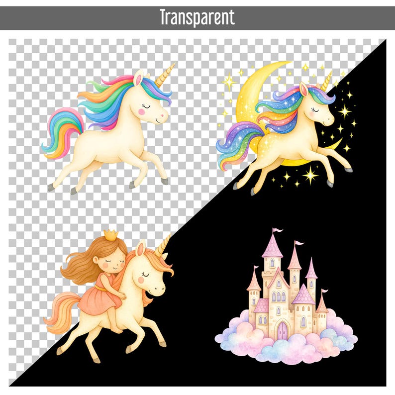 50 Unicorn and Princess Clipart Bundle PNG, Watercolor Pastel Unicorns ...