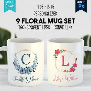 Personalisierte Blumenbecher-Wraps – 9 Designs | 11oz & 15oz Vorlagen | Digitaler Download (PSD) | Hochauflösender Druck