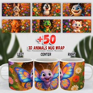 50 Designs 3D Animaux Mug, Sublimation Drôle Trou dans le Mur, Modèles 11oz & 15oz, Téléchargement Instantané (PNG, PDF)