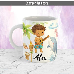 May include: White ceramic mug featuring a cartoon illustration of a boy playing a ukulele, palm trees, a whale, and a flamingo. The mug has the name "Alex" in script. The words "Example Use Cases" are at the top.