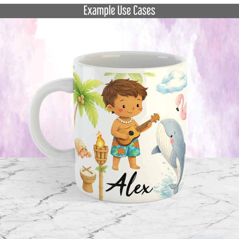 May include: White ceramic mug featuring a cartoon illustration of a boy playing a ukulele, palm trees, a whale, and a flamingo. The mug has the name "Alex" in script. The words "Example Use Cases" are at the top.