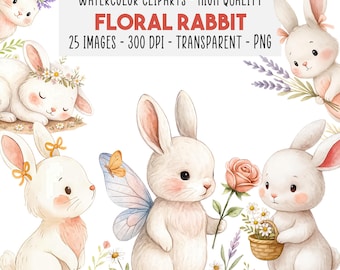 25 Watercolor Floral Rabbit Clipart PNG, Cute Bunny with Flowers, Nursery & Spring Bunny Clipart, Wildflower Rabbit, Instant Download