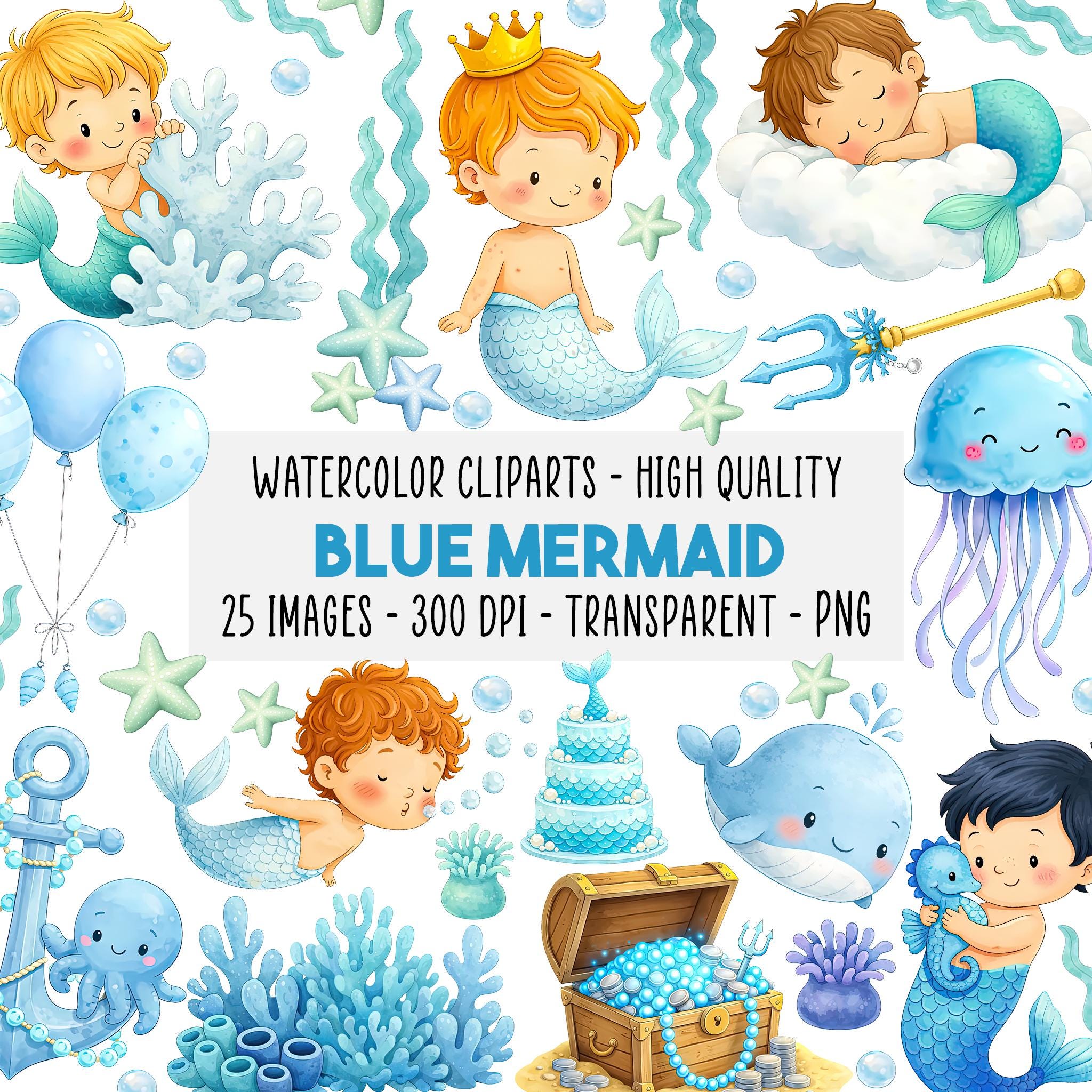 25 Blue Mermaid Clipart PNG, Baby Boy Mermaid, Watercolor Ocean ...