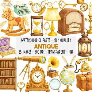 25 Antique Clipart Set, Vintage Decor PNG, Retro Klok, Grammofoon, Typemachine, Sieradendoos, Porseleinen Theekop, Instant Download