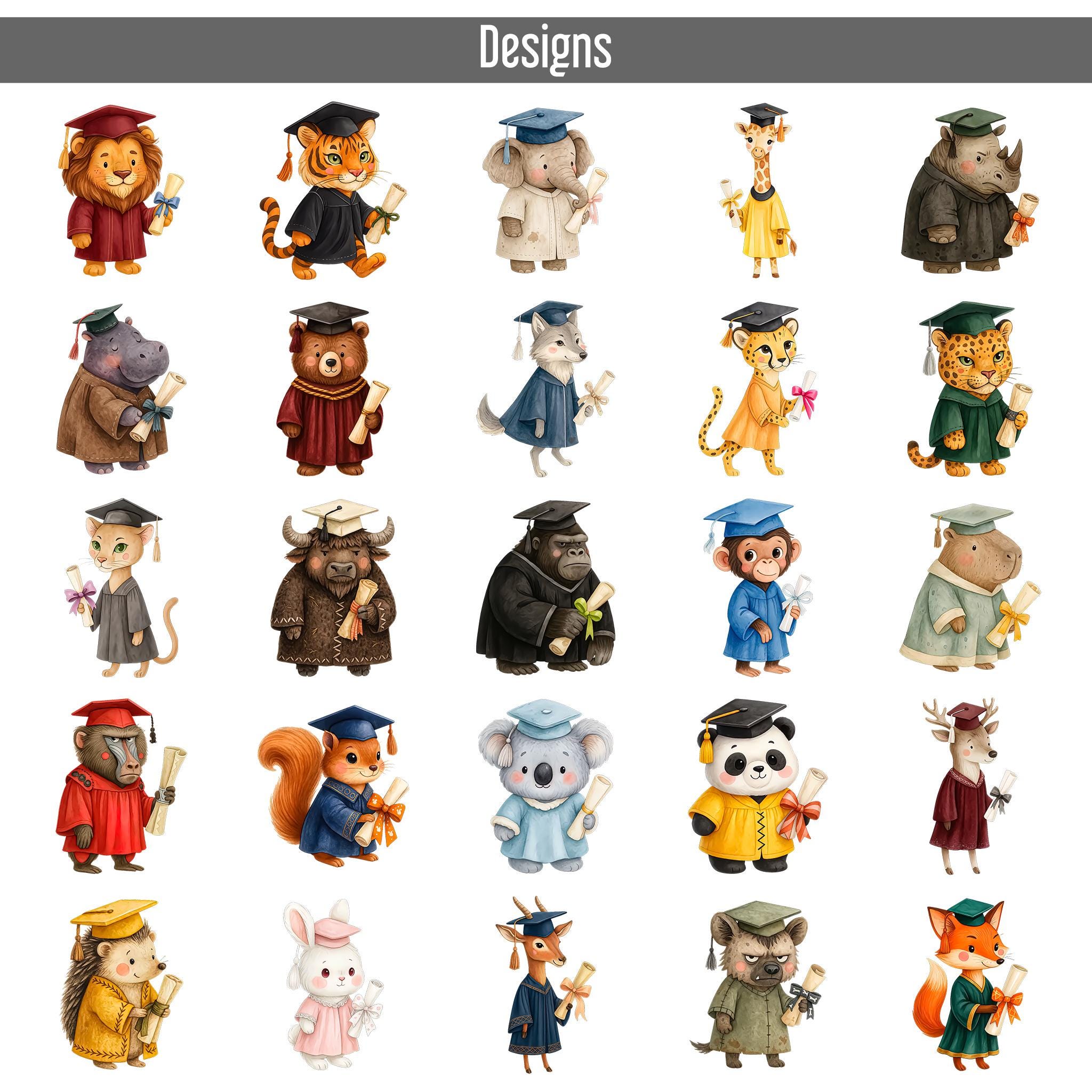 25 Graduation Animals Clipart PNG, Cute Watercolor Diploma Animal ...