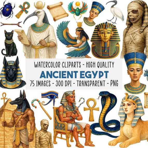 75 Watercolor Ancient Egypt Clipart Bundle, Pharaohs, Gods, Pyramids, PNG, Instant Download, Commercial Use, Cleopatra, Eye of Horus