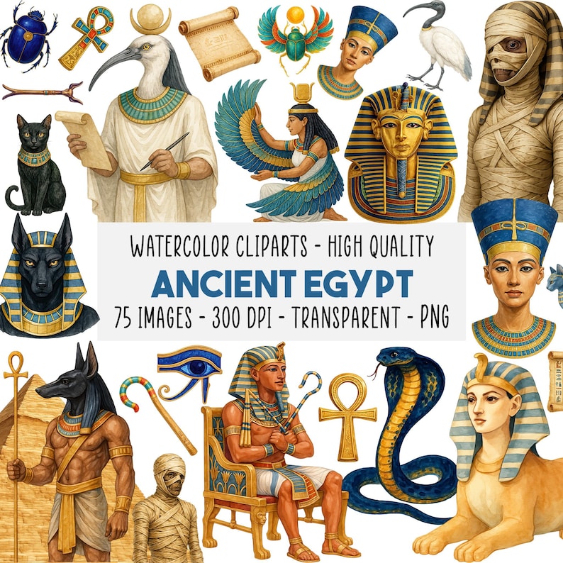 75 Watercolor Ancient Egypt Clipart Bundle, Pharaohs, Gods, Pyramids, PNG, Instant Download, Commercial Use, Cleopatra, Eye of Horus image 1