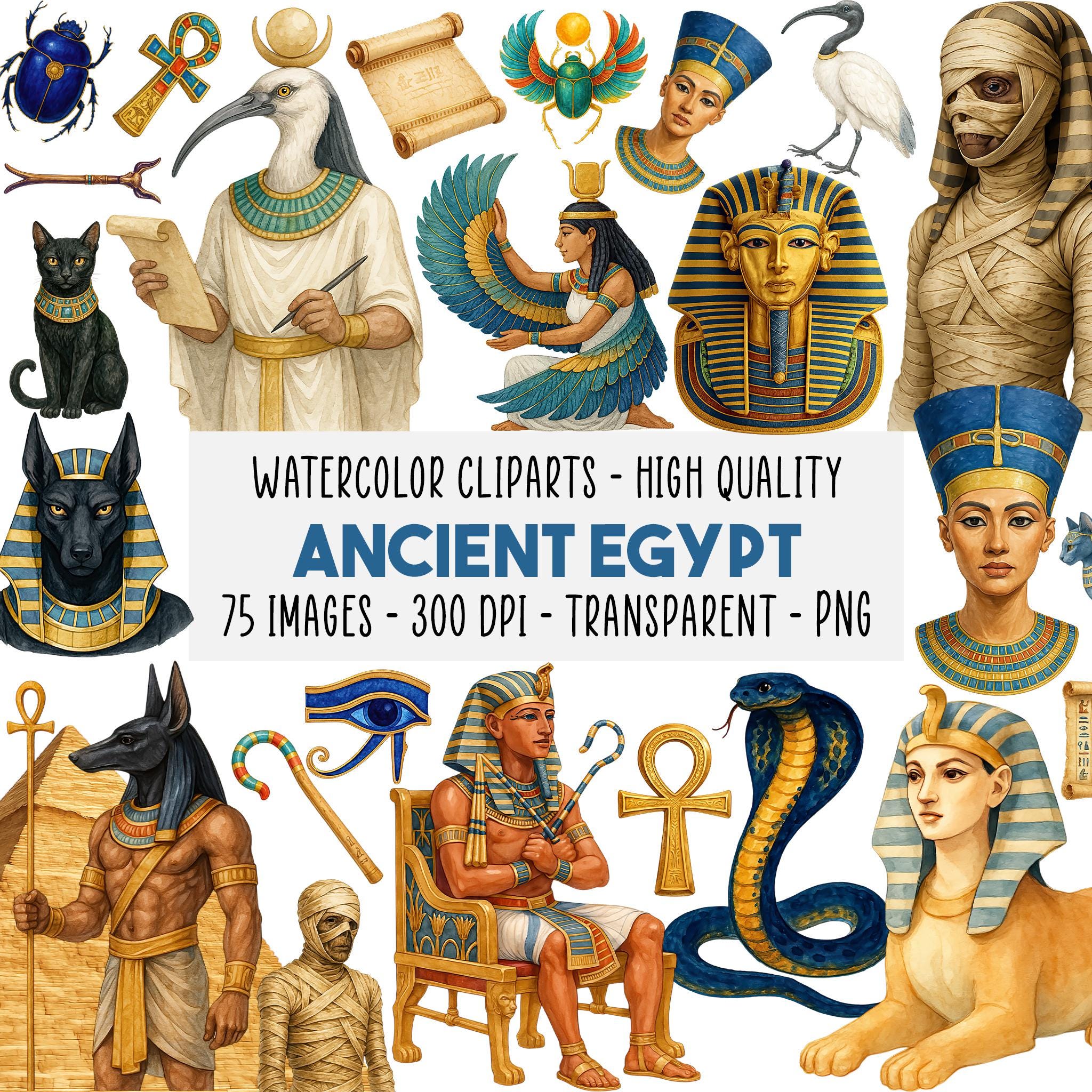 75 Watercolor Ancient Egypt Clipart Bundle, Pharaohs, Gods, Pyramids ...