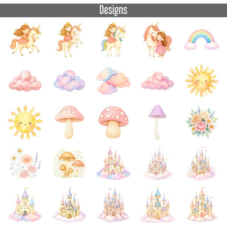 50 Unicorn and Princess Clipart Bundle PNG, Watercolor Pastel Unicorns ...