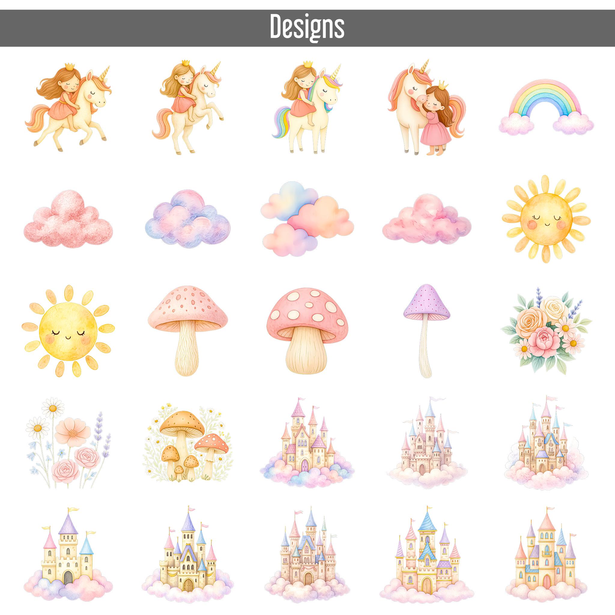 50 Unicorn and Princess Clipart Bundle PNG, Watercolor Pastel Unicorns ...