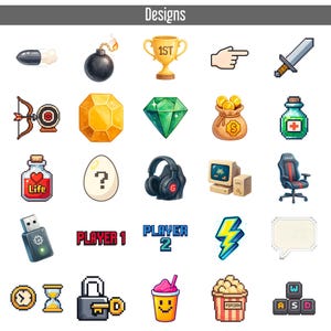 May include: A selection of pixelated icons with a gaming theme, such as a trophy, sword, bomb, and headphones. The image also includes the text "Designs", "Player 1", and "Player 2".