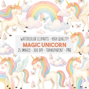 Set de 25 Cliparts de Unicornio en Acuarela PNG Descarga Instantánea, Fondo Transparente, Arcoíris Mágico, Mariposa y Nubes, Uso Comercial