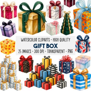 Könnte beinhalten: Eine Sammlung von Aquarell-Geschenkboxen in verschiedenen Farben und Designs, verziert mit Bändern und Schleifen. Einige Boxen weisen Muster wie Herzen und Sterne auf. Der Text auf dem Bild lautet: "WATERCOLOR CLIPARTS - HIGH QUALITY GIFT BOX 25 IMAGES - 300 DPI - TRANSPARENT - PNG."